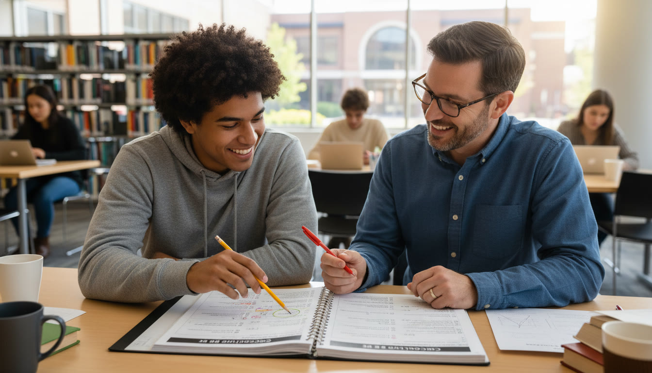 Photo Idea : A student and a tutor at a table reviewing a printed question bank, pointing at a highlighted mistake—an image that suggests collaboration, focus, and progress.