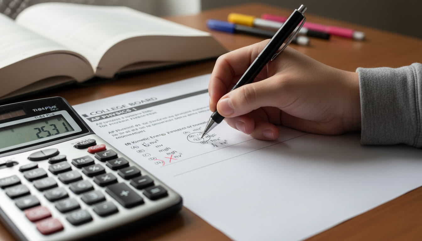 Photo Idea : A close-up of a student’s hand working out a physics MCQ with a calculator and annotated units—pen circling units like 
