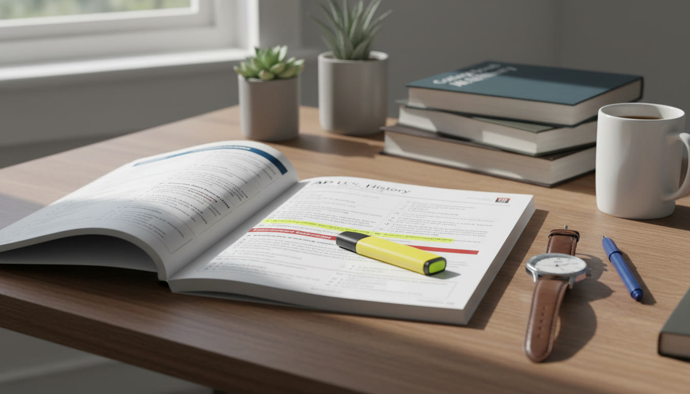 Photo Idea : A cleanly organized desk with an open AP U.S. History practice booklet, a watch showing time, and a highlighter—conveys focused study and timing awareness.