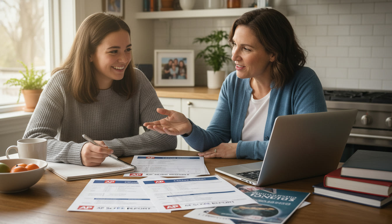Photo Idea : A student and parent sitting at a kitchen table with AP score reports spread out, discussing course placement and college choices — warm natural light, relaxed conversation.