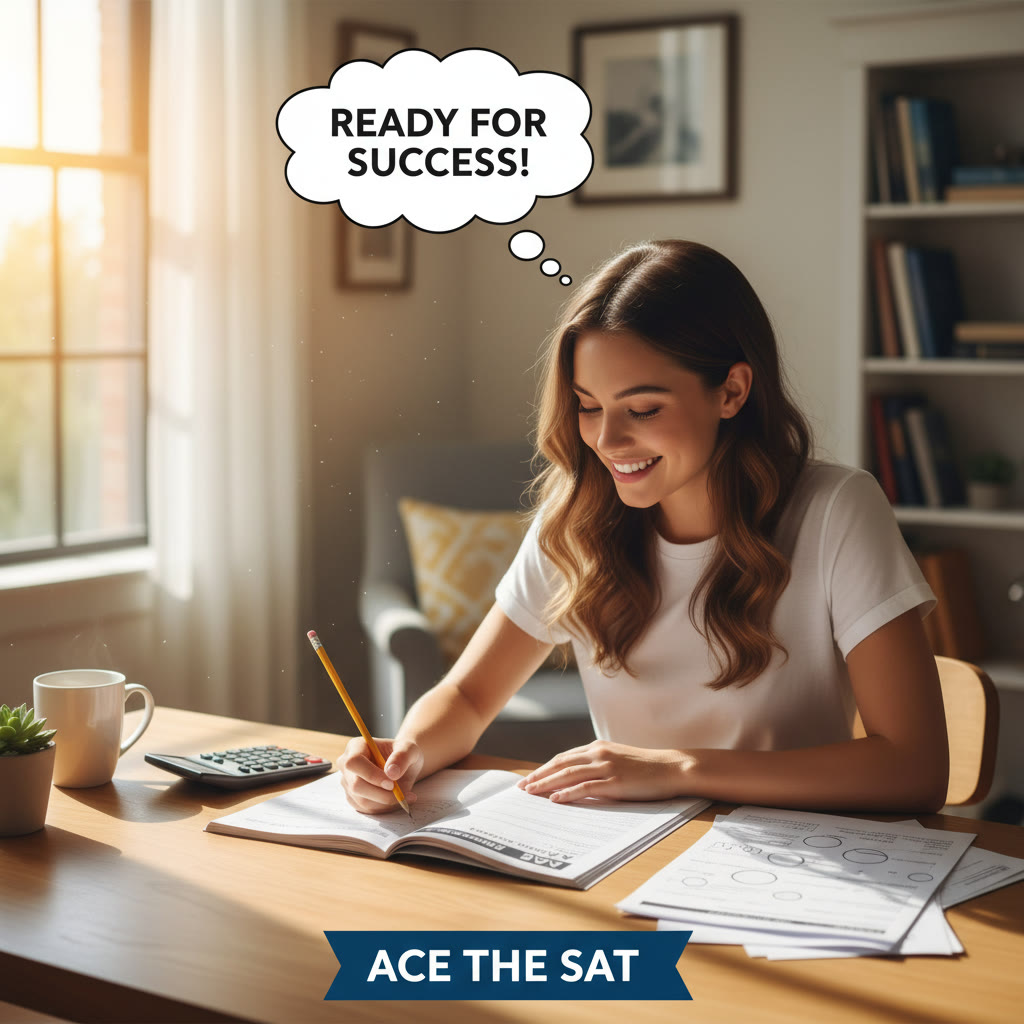 Photo idea: A calm test-taker at a desk with a pencil, calculator, and practice test papers, sunlight on the table to suggest focused, peaceful preparation