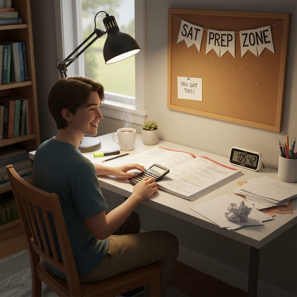 The student desk set up for a high-fidelity SAT practice test: desk lamp, straight-backed chair, timer, calculator, and scratch paper.