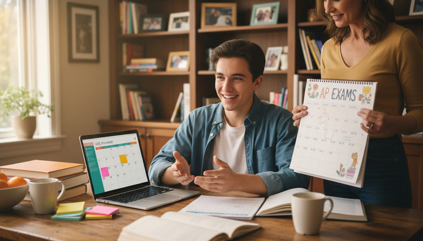 Photo Idea : A warm image showing a student at a kitchen table surrounded by books and a laptop, with a parent nearby holding a calendar — conveys teamwork, timeline planning, and a supportive home environment.