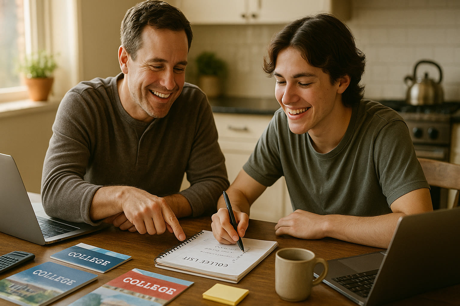 Photo Idea : A parent and teen at a kitchen table, surrounded by college brochures, laptops, and a notebook, smiling as they draft a college list together.