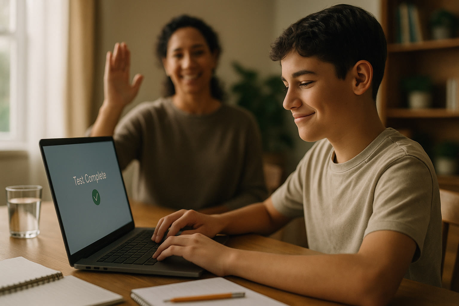 Photo Idea : A calm scene of a student finishing a practice test on a laptop, a parent offering a supportive high-five in the background — conveys teamwork and quiet confidence.