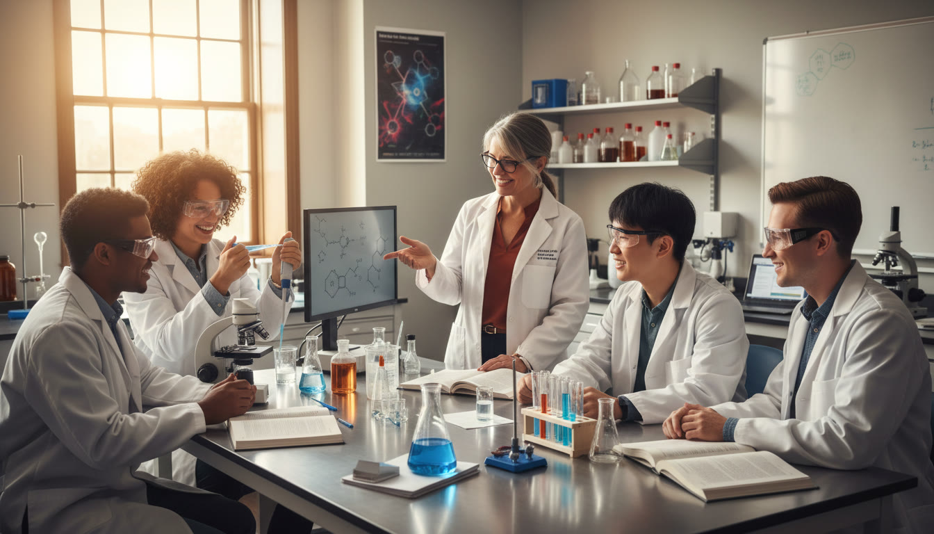 Photo Idea : A lively lab scene of undergraduates collaborating on an experiment with a faculty mentor nearby — conveys community, discovery, and hands-on learning.