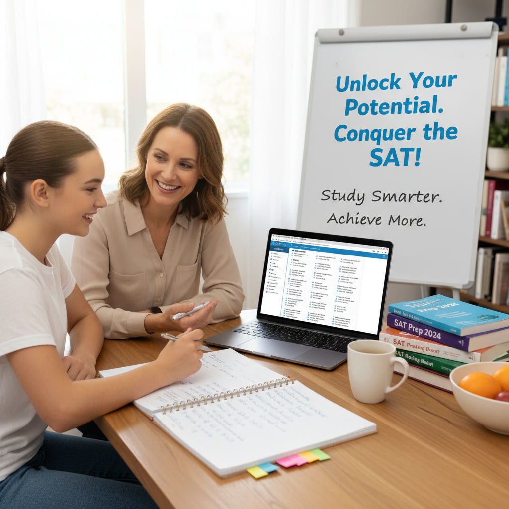 Photo Idea : A photo of a student and a tutor sitting together at a table, laptop open with practice test software visible, showing engaged interaction and a stack of strategy notes.