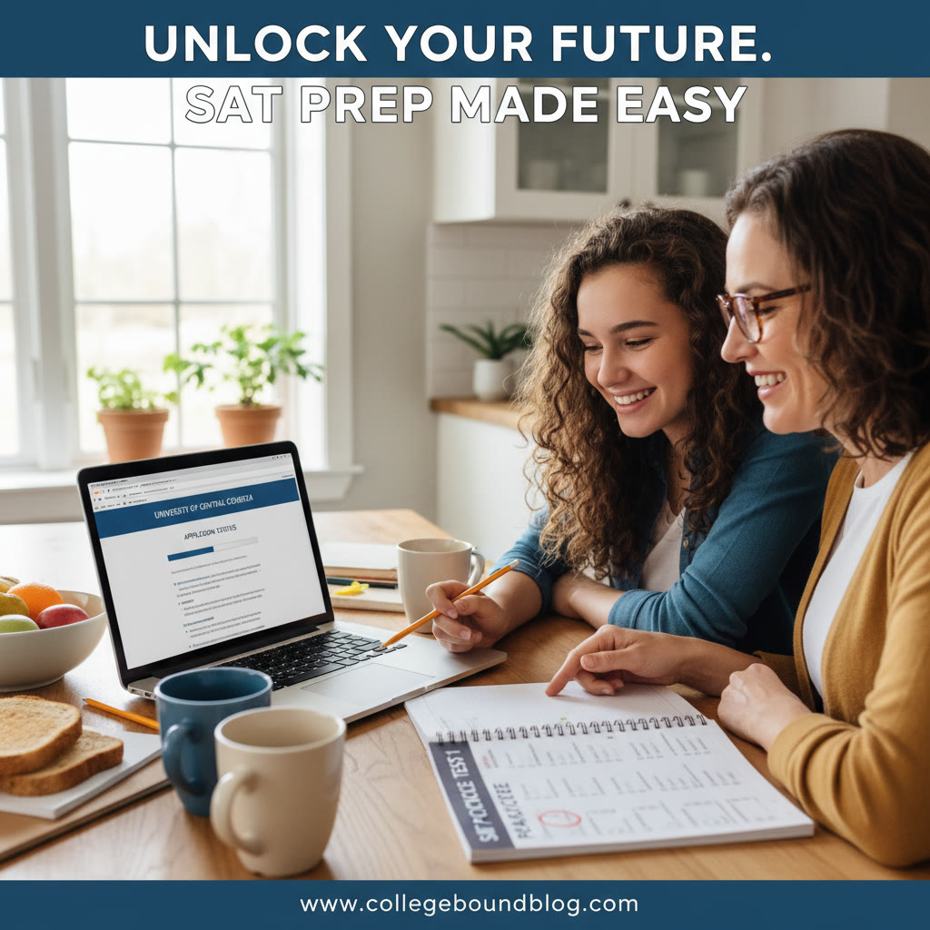 Photo Idea : A warm, candid photo of a student and parent sitting at a kitchen table with a laptop open to a college application portal, a practice test, and coffee mugs—natural light, relaxed but focused.