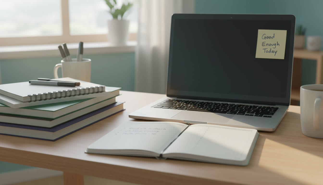 Photo Idea : A calm study desk bathed in morning light—neatly organized notes, a simple planner with three daily tasks, a closed laptop, and a sticky note that says 