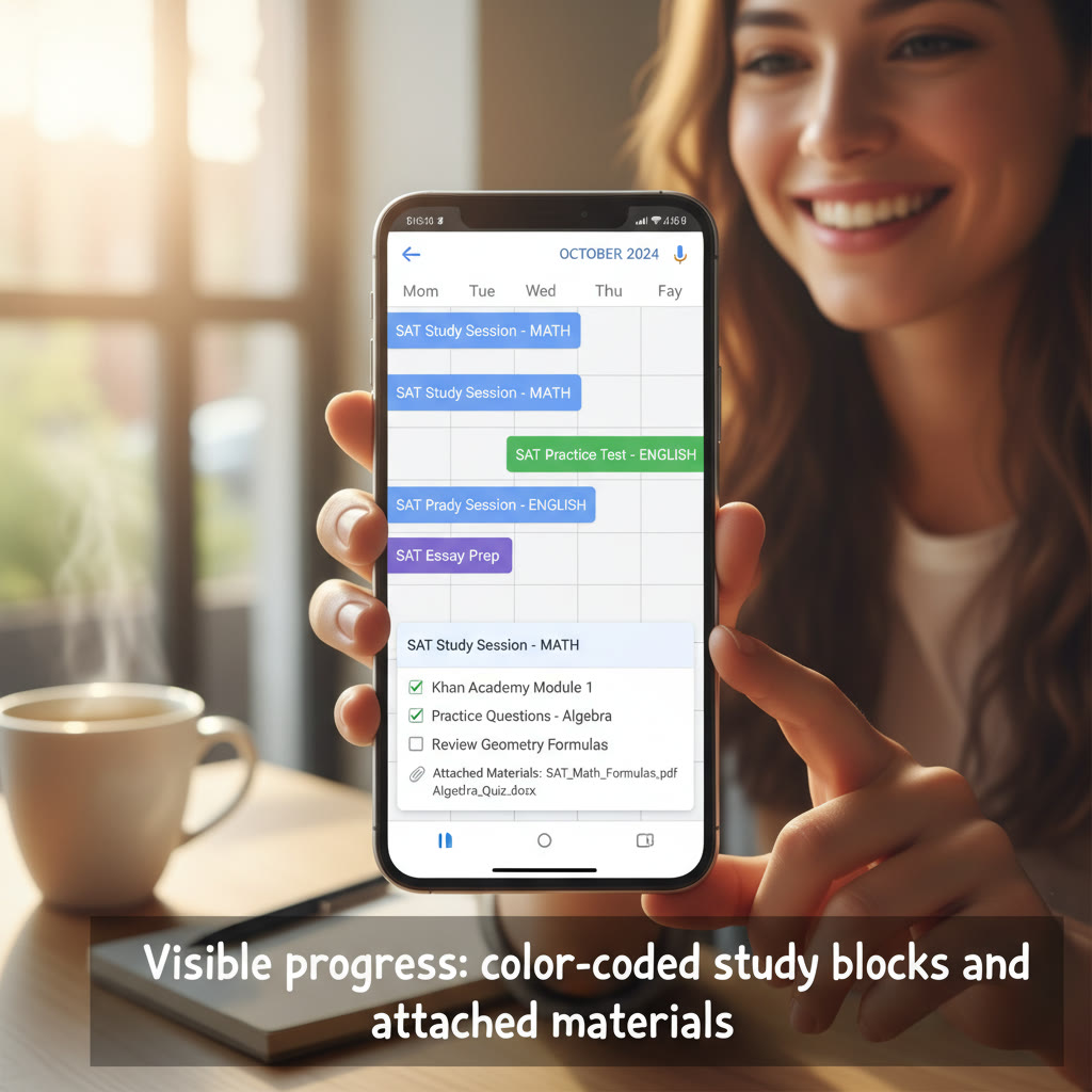 Photo idea: Close-up of a colorful Google Calendar view on a smartphone showing recurring SAT blocks and a checklist in the event description—captioned