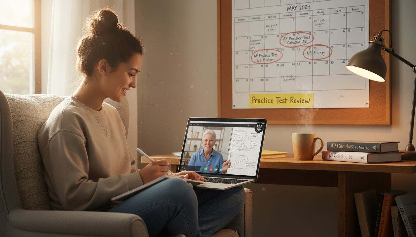 Photo Idea : A focused study nook with a student on a laptop during a live tutoring session, a calendar on the wall behind them showing scheduled practice tests and a sticky note that reads 
