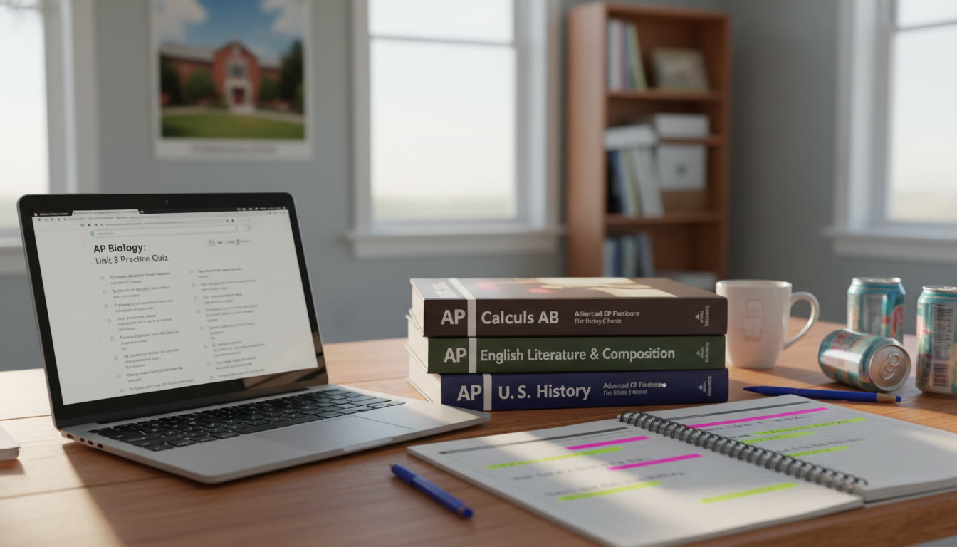 Photo Idea : A close-up of a student’s desk with AP textbooks, a laptop showing practice problems, and a notebook with a highlighted study plan—captures the focus and practical side of AP prep.