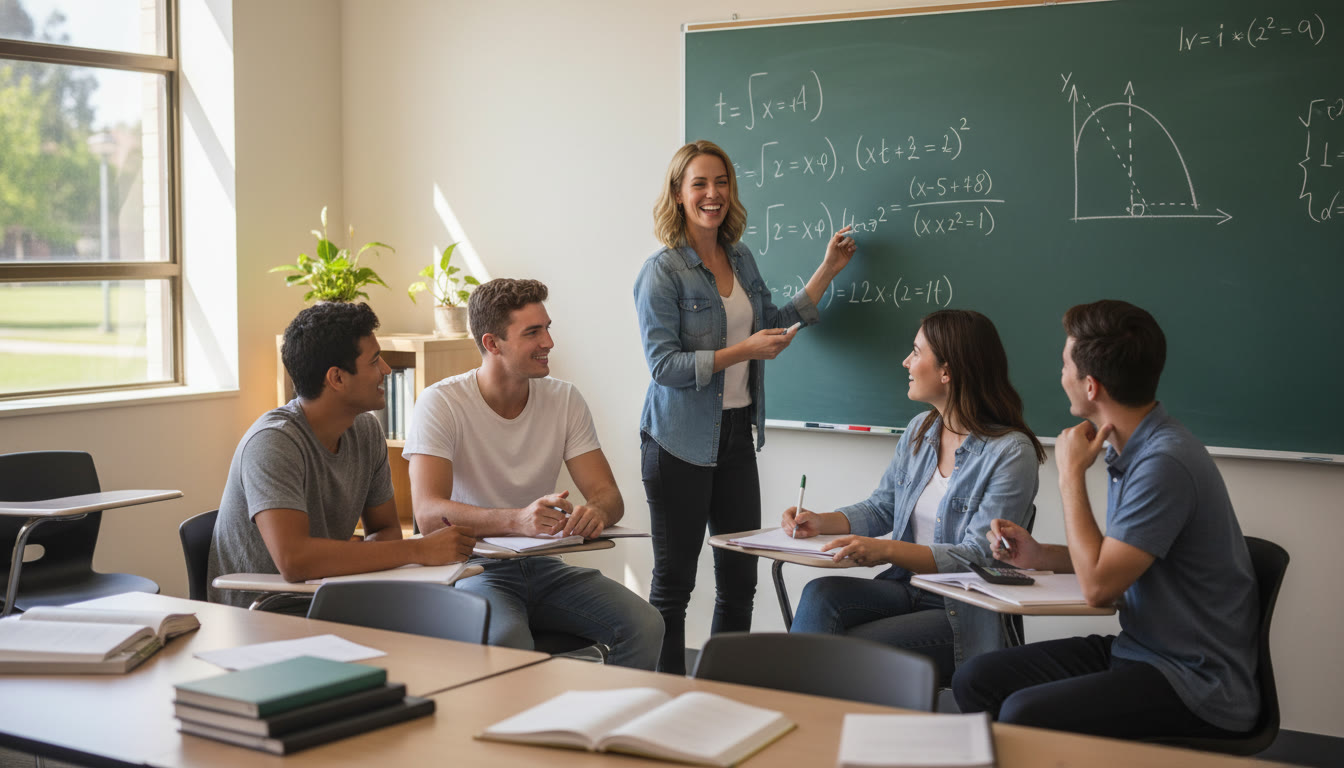Photo Idea : A classroom-style image of a small group working with a tutor over a whiteboard showing calculus and physics diagrams—suggests collaborative, focused AP tutoring.