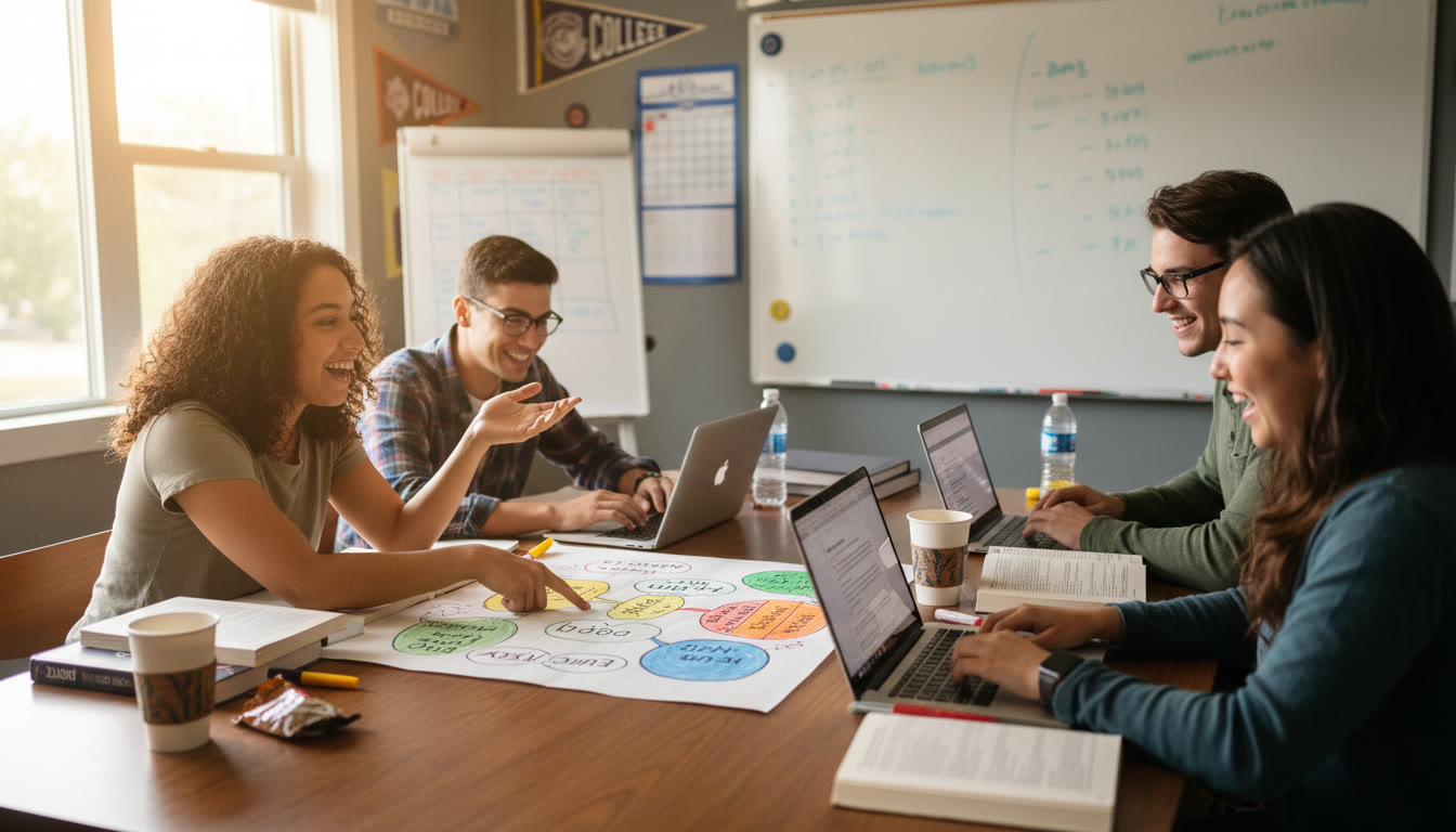 Photo Idea : A small study group gathered around a table with color-coded notes, laptops, and a whiteboard in the background—capturing the energy of a productive group retreat session.