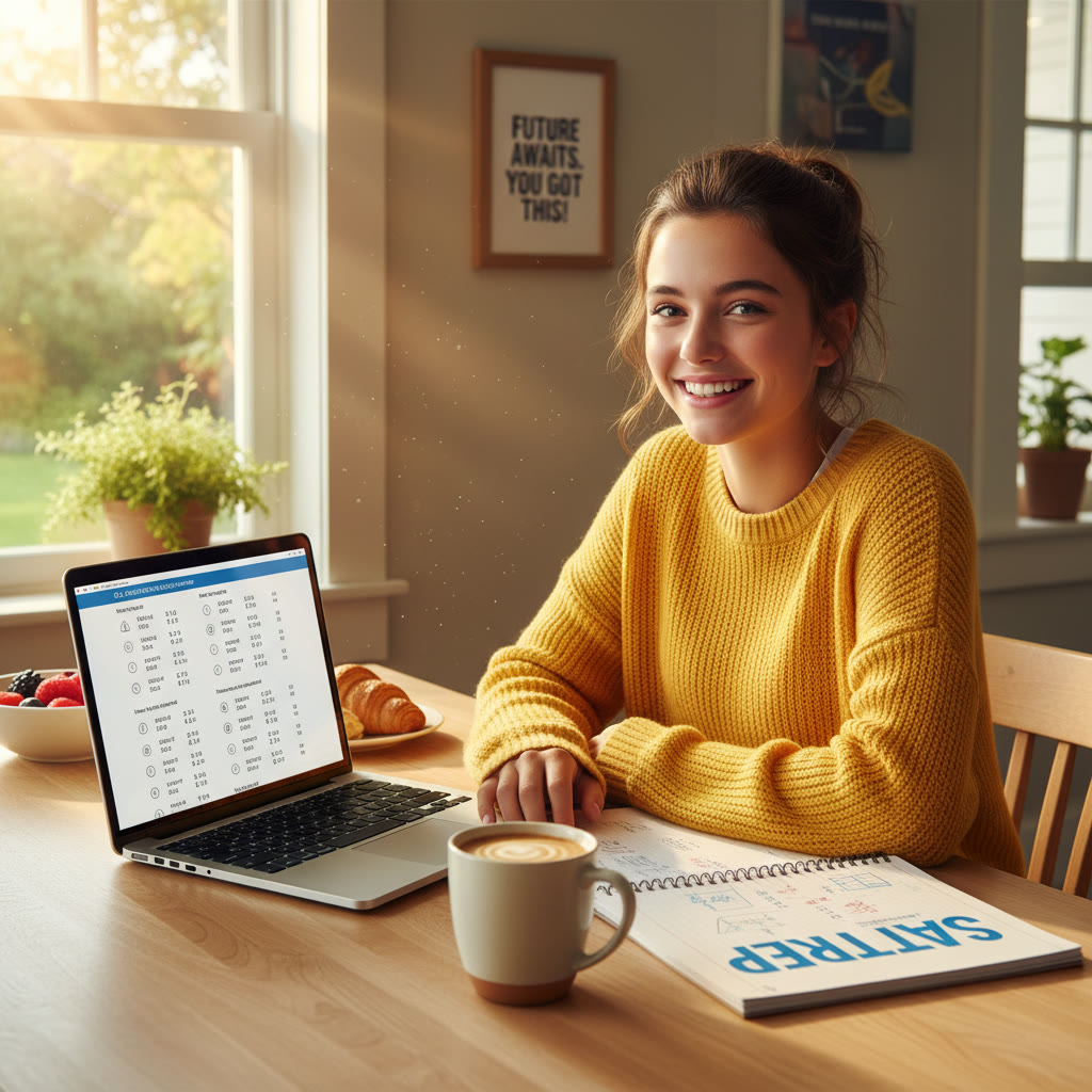 Photo Idea : A bright, candid photo of a high school student studying at a kitchen table with a laptop open to practice SAT questions, a notebook, and a cup of coffee — morning light through a window.