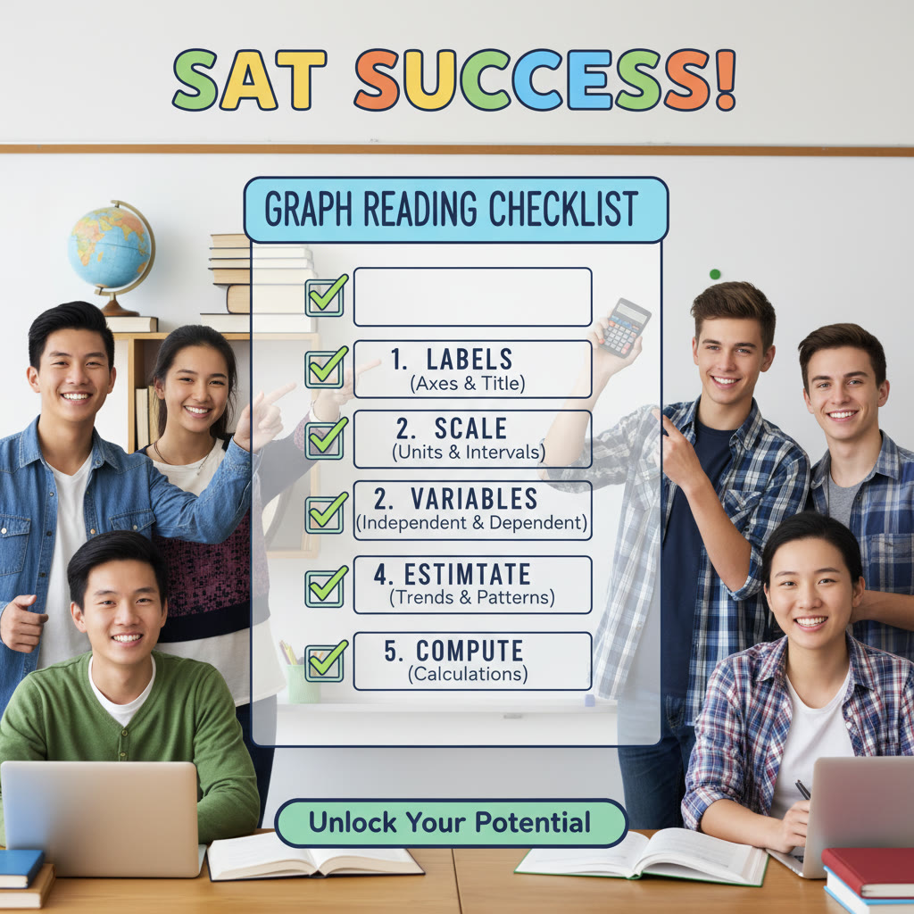 Suggestion: A clear, student-friendly infographic showing the step-by-step checklist for reading a graph (labels, scale, variables, estimate, compute).