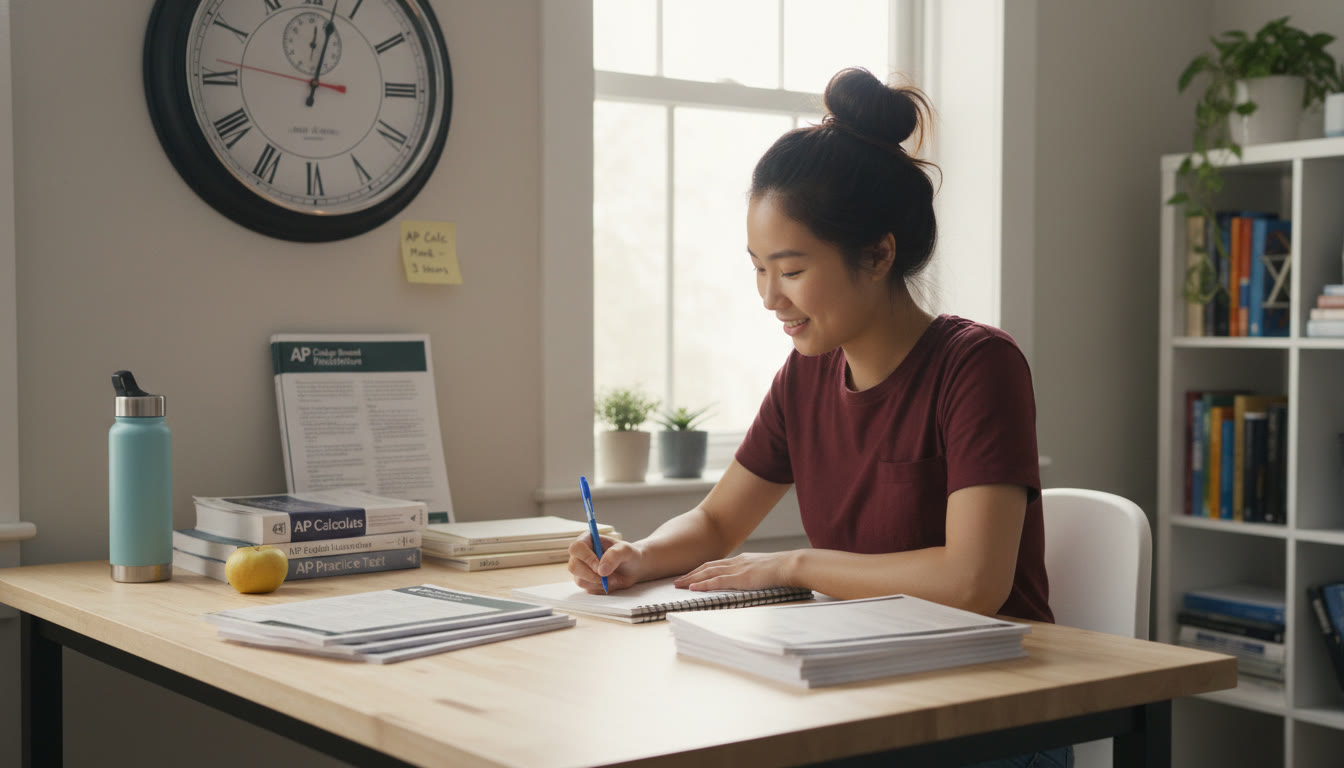 Photo Idea : A calm study scene with a student at a desk, open textbooks and practice tests aligned neatly, a clock showing timed practice — conveys focus and time management during mock season.