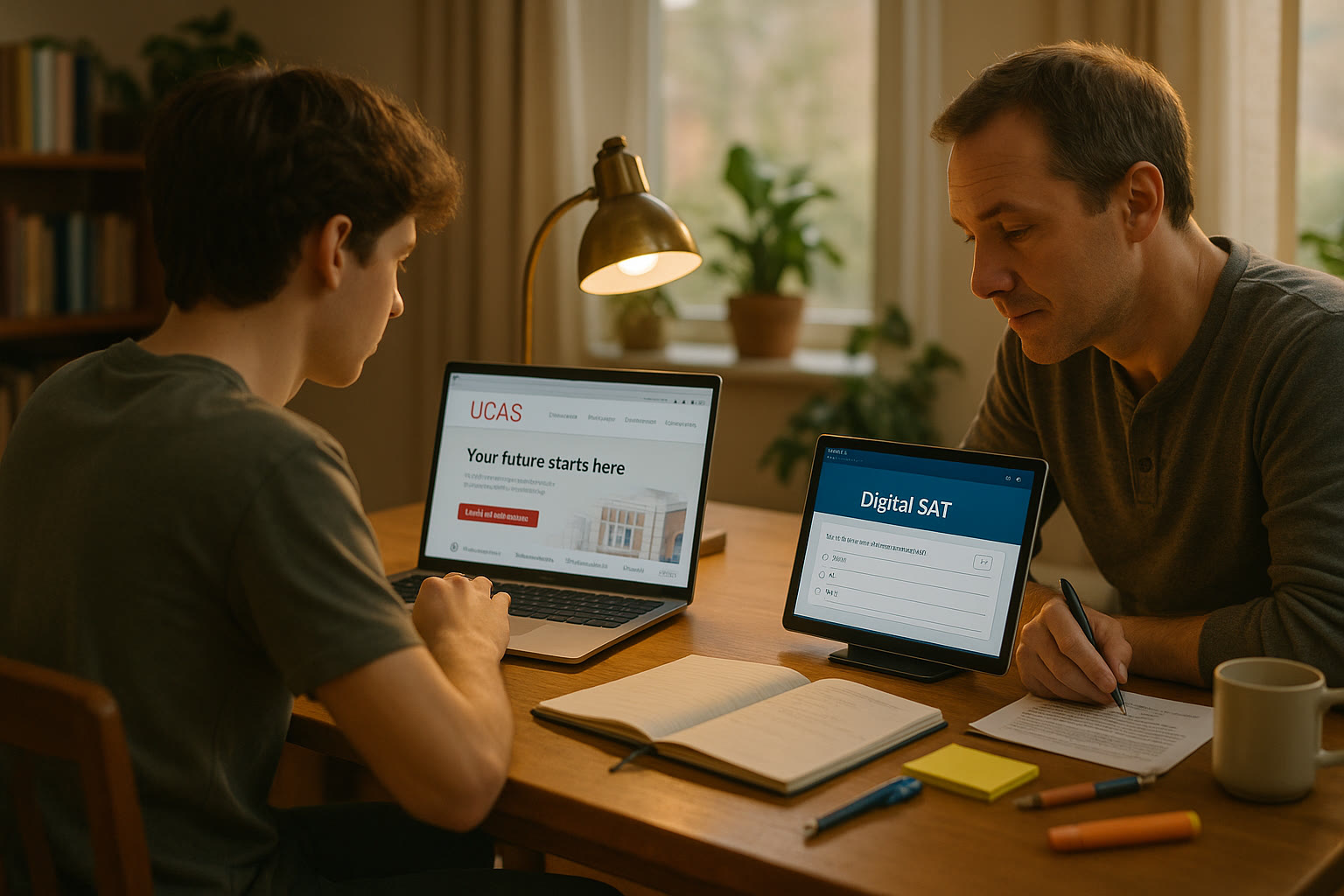 Photo Idea : A student at a desk with a laptop open to UCAS and a tablet showing the Digital SAT platform; warm lighting, a parent reviewing notes nearby.
