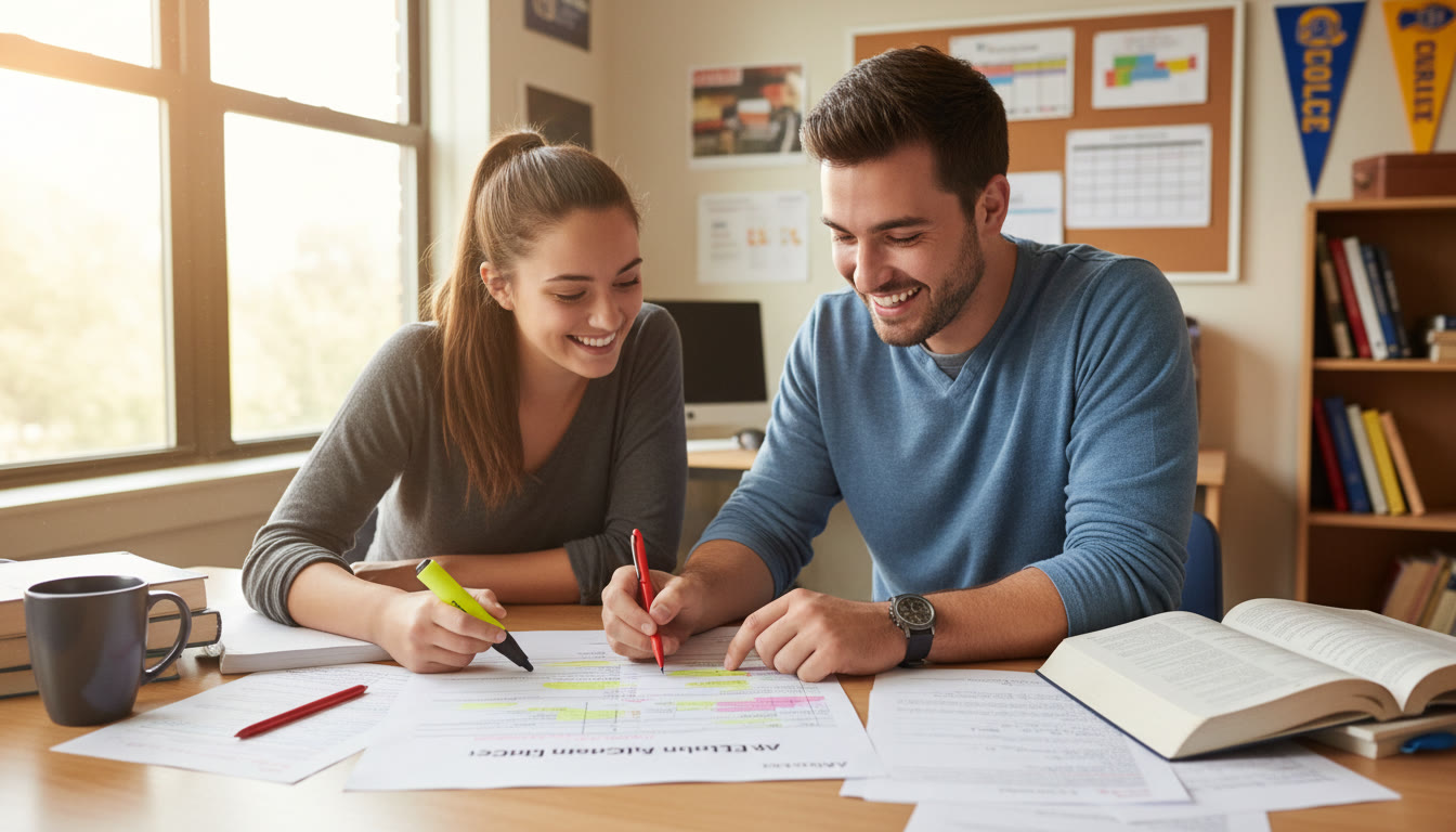 Photo Idea : A study session with a tutor and student reviewing a printed rubric and highlighting paragraphs — conveys targeted feedback and collaborative revision in the later stages of preparation.