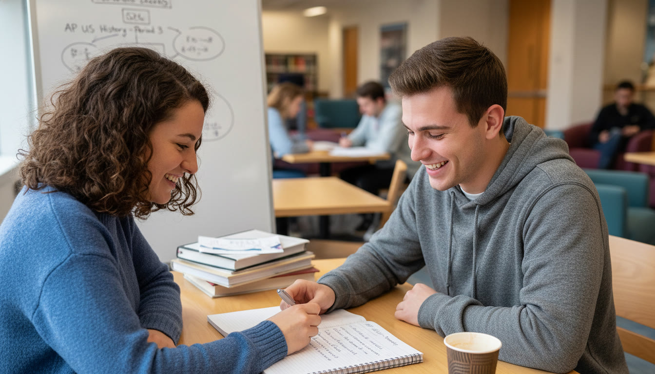 Photo Idea : A tutor and student at a table, the tutor pointing at a written thesis in the student’s notebook while the student smiles — suggests collaborative review and coaching in a relaxed atmosphere.
