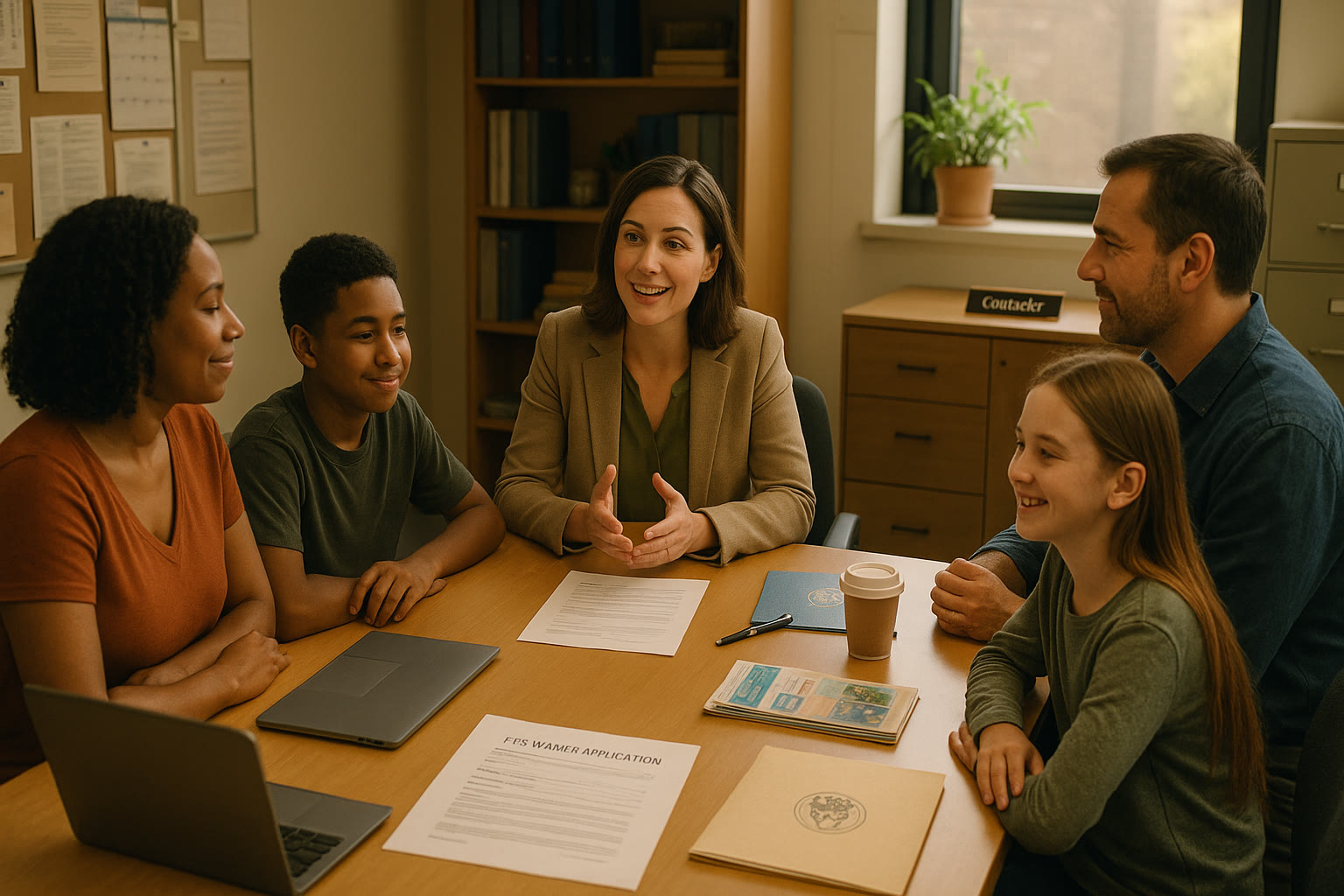 Photo Idea : A reassuring scene of a counselor meeting with a small group of parents and students in a school office, fee waiver documents and laptops on the table — a moment of guidance and clarity.