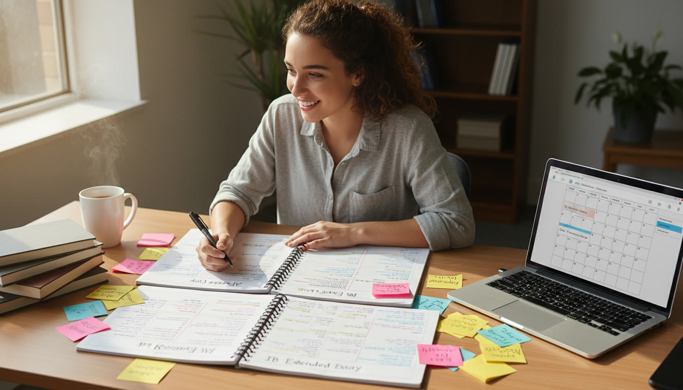 Photo Idea : A student at a desk with two open notebooks labeled 