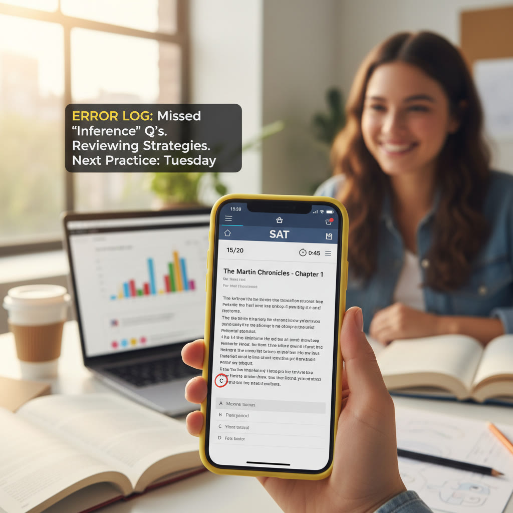 A close-up of a smartphone screen displaying an SAT practice question interface with a highlighted error log note visible in the background, suggesting the study-analytics loop between practice and reflection.