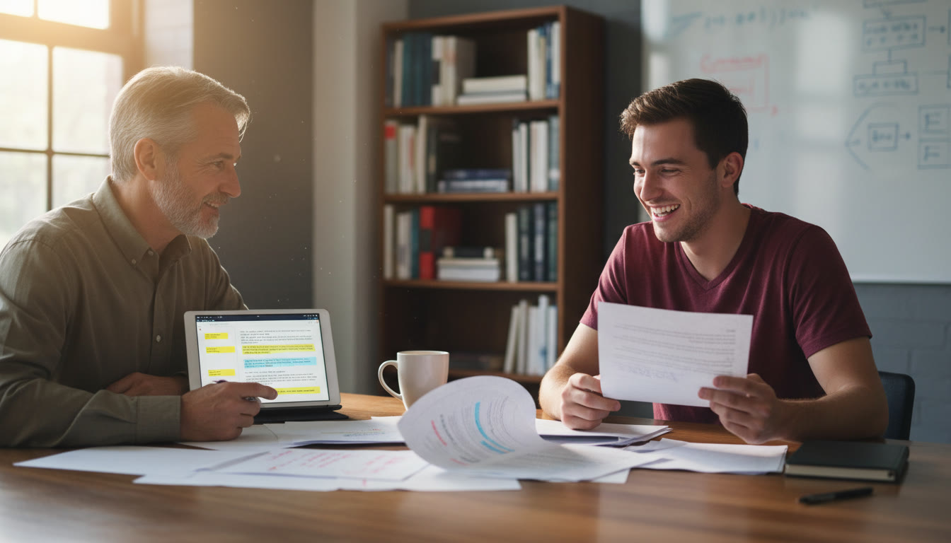 Photo Idea : A mid-article image of a student and tutor (or mentor figure) discussing an essay draft, pages scattered, a tablet with highlighted text — suggests collaborative improvement and personalized tutoring support.