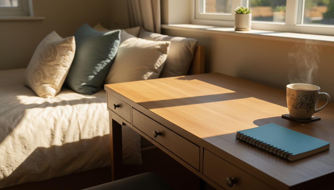 Photo Idea : A bright, cozy bedroom with sunlight pouring over a desk cleared of textbooks; a closed notebook and a mug of tea sit on the side, suggesting a calm Reset Day mood.