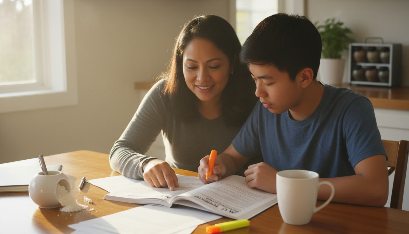 Photo Idea : A warm kitchen table scene where a parent and teen are reviewing an AP practice test together. The mood is calm and focused — paper, highlighter, and a half-filled mug of tea visible.