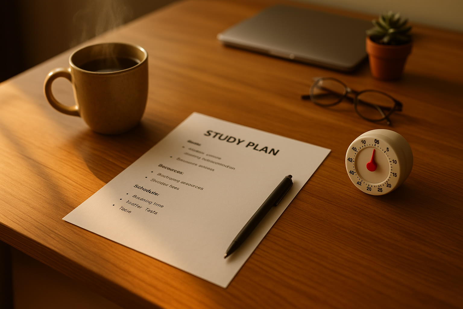 Photo Idea : A warm, well-lit desk with a neat one-page study plan, a timer, and a cup of tea—symbolizing calm, focused preparation.