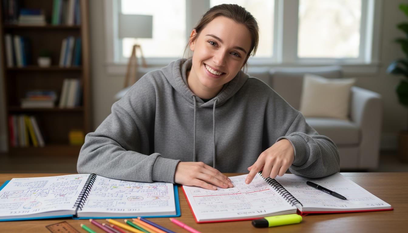 Photo Idea : A student at a desk surrounded by two notebooks — one labelled 