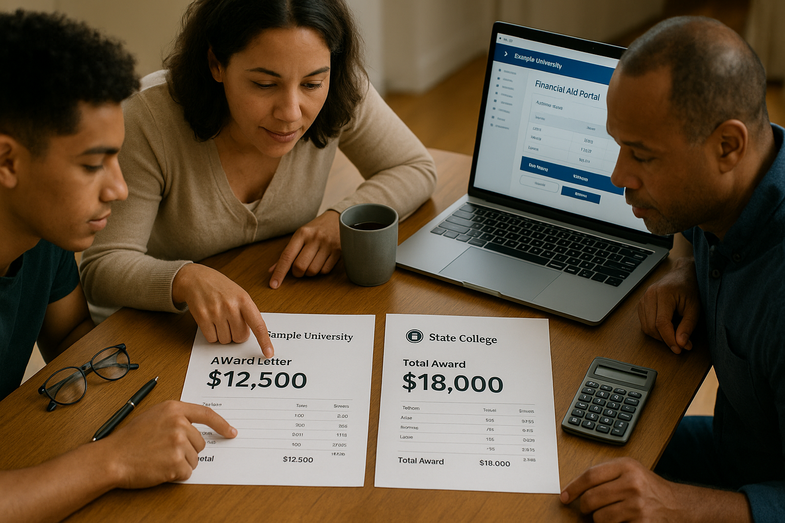 Photo Idea : A screenshot-style mockup of a family reviewing two printed financial aid award letters on a table with a laptop open to a college’s financial aid portal — clean layout and easy-to-read numbers.