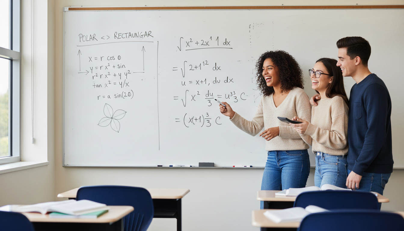 Photo Idea : A whiteboard showing a step-by-step solution: conversion between polar and rectangular, a small hand-drawn petal of a rose curve, and algebraic simplification of an integral — conveys problem-solving in progress.