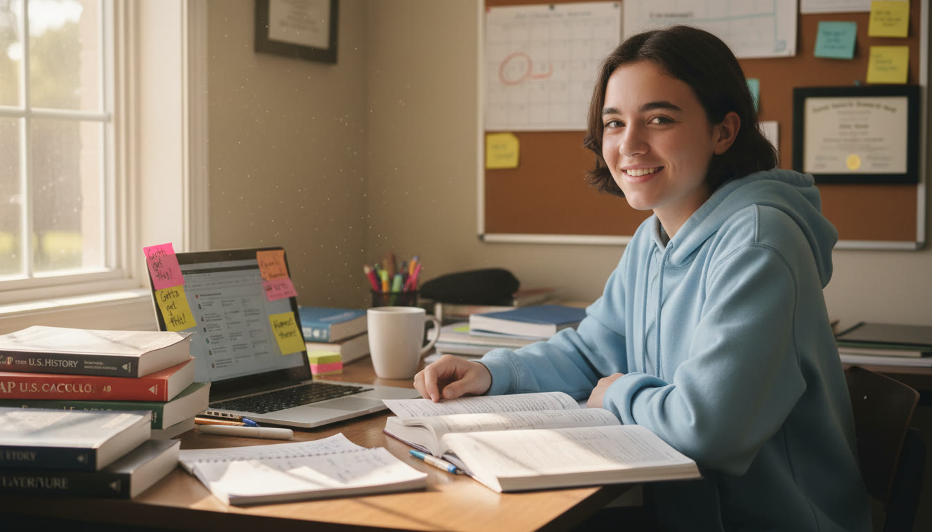 Photo Idea : A warm, candid photo of a high school student studying with AP textbooks spread around, with a visible laptop and sticky notes—conveys focused, optimistic preparation.