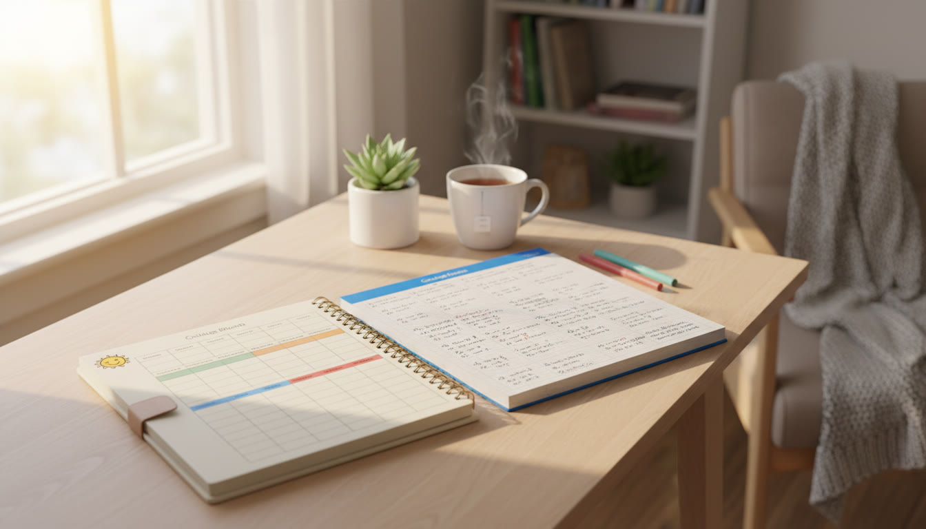 Photo Idea : A sunlit study nook with a neatly arranged planner, notebook with practice problems, and a small plant — visualizing calm, organized study habits.