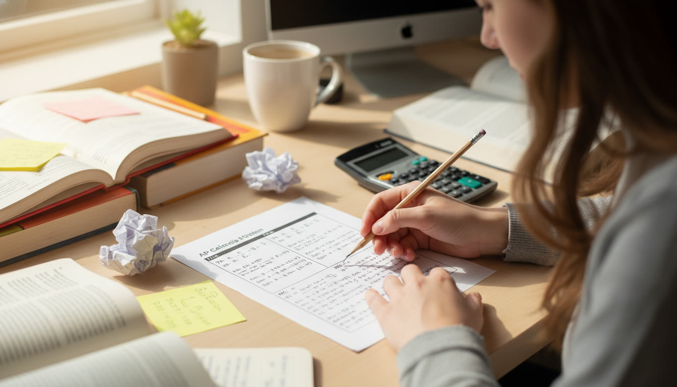 Photo Idea : A mid-article shot of a student solving an AP-style problem on paper, with notes showing TR, TC, MR, and MC calculations — natural lighting, focused on the work rather than the student's face.