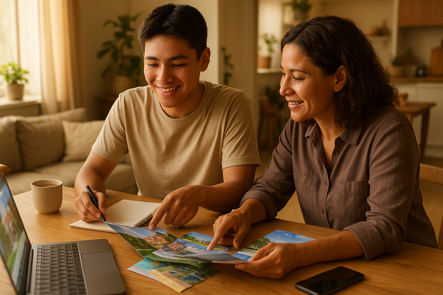 Photo Idea : A warm, aspirational photo of a student and parent looking at college brochures and a laptop, with a cup of coffee nearby—natural light, relaxed setting conveying planning and partnership.