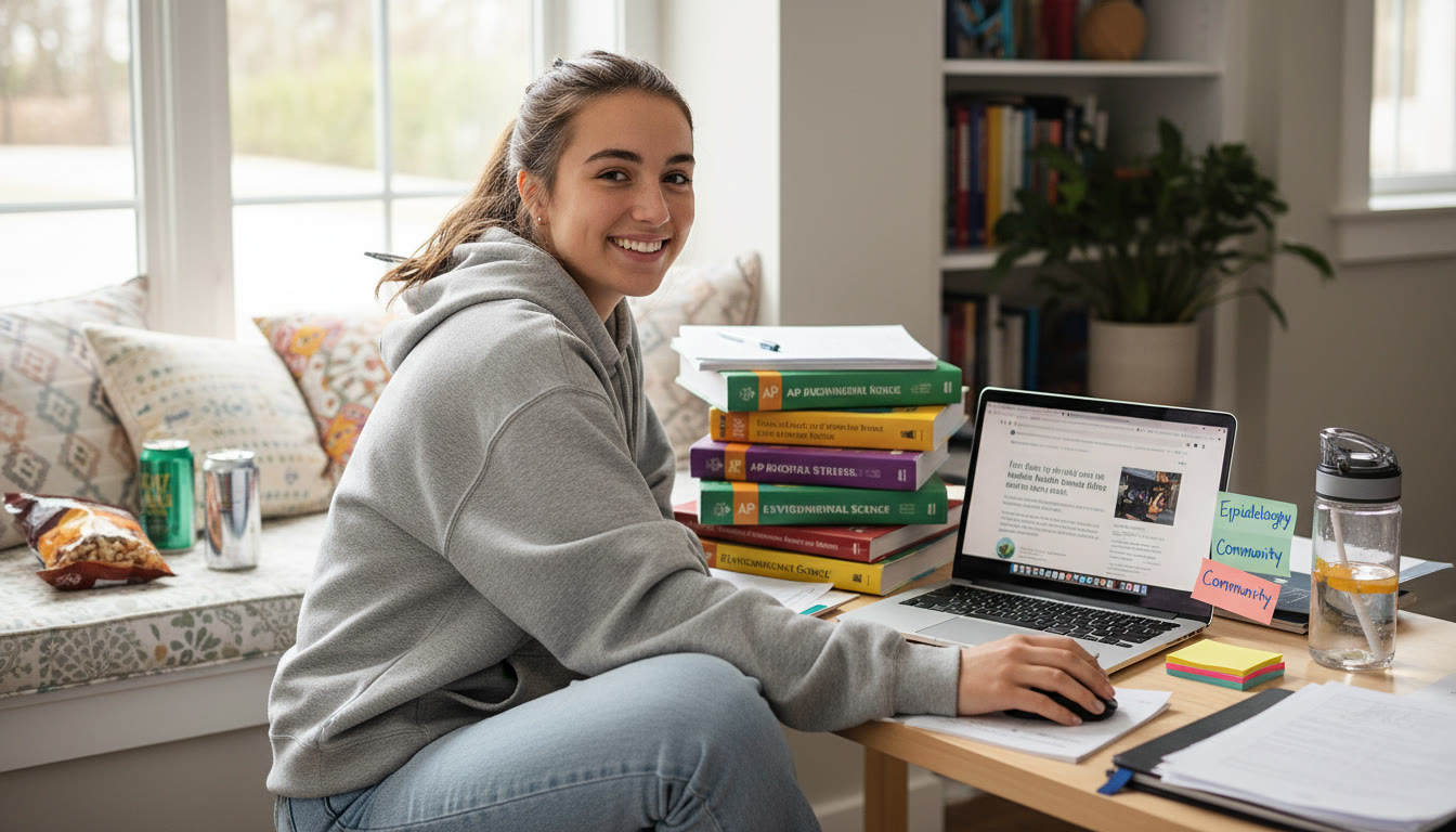 Photo Idea : A high school student in a bright study nook, surrounded by AP textbooks and notes; a laptop open to a public health article, a water bottle, and sticky notes that say 