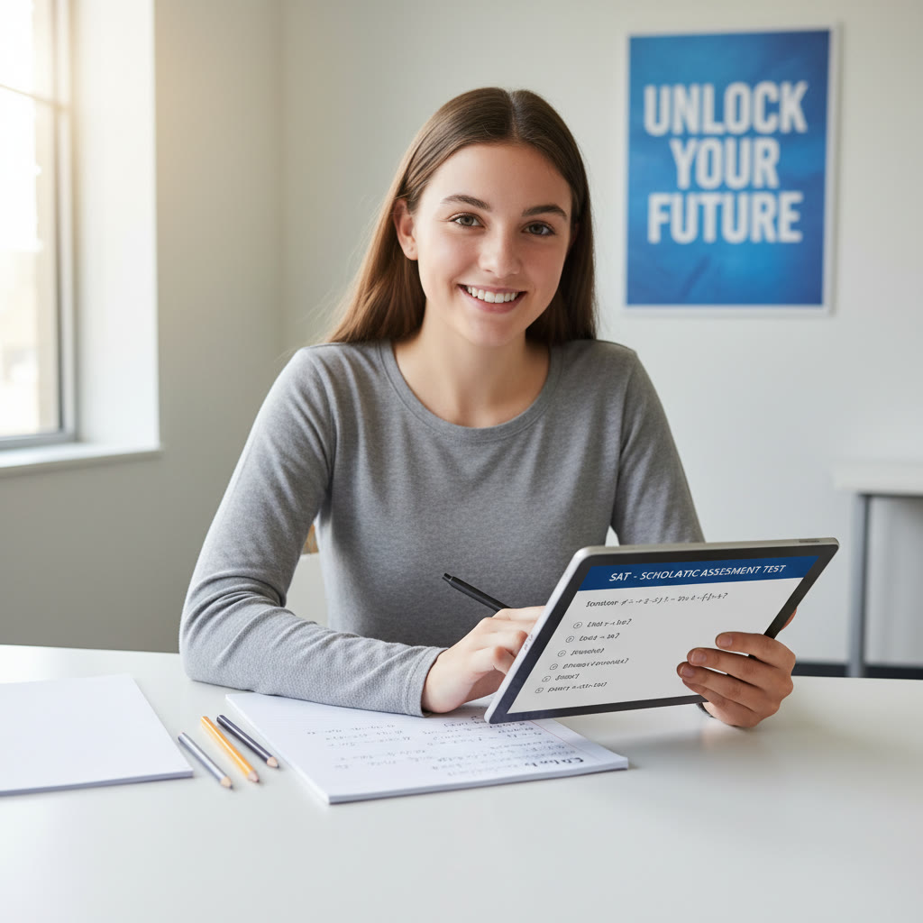 Student using a test-provided tablet in a quiet testing room, with a pen and scratch paper nearby for note-taking