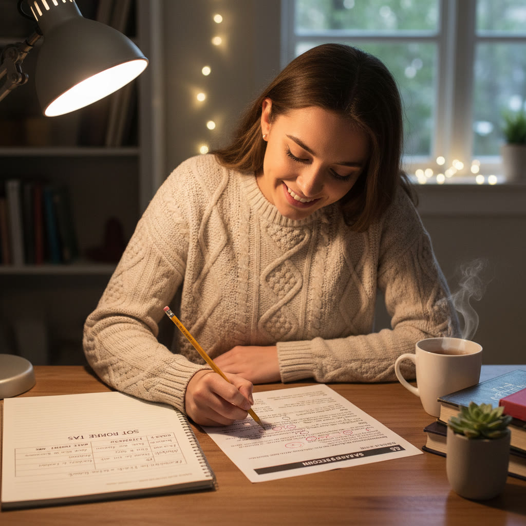 Photo idea: A student at a desk under warm lamp light, underlining a printed SAT passage with a pencil, a notebook with a mistake log visible.