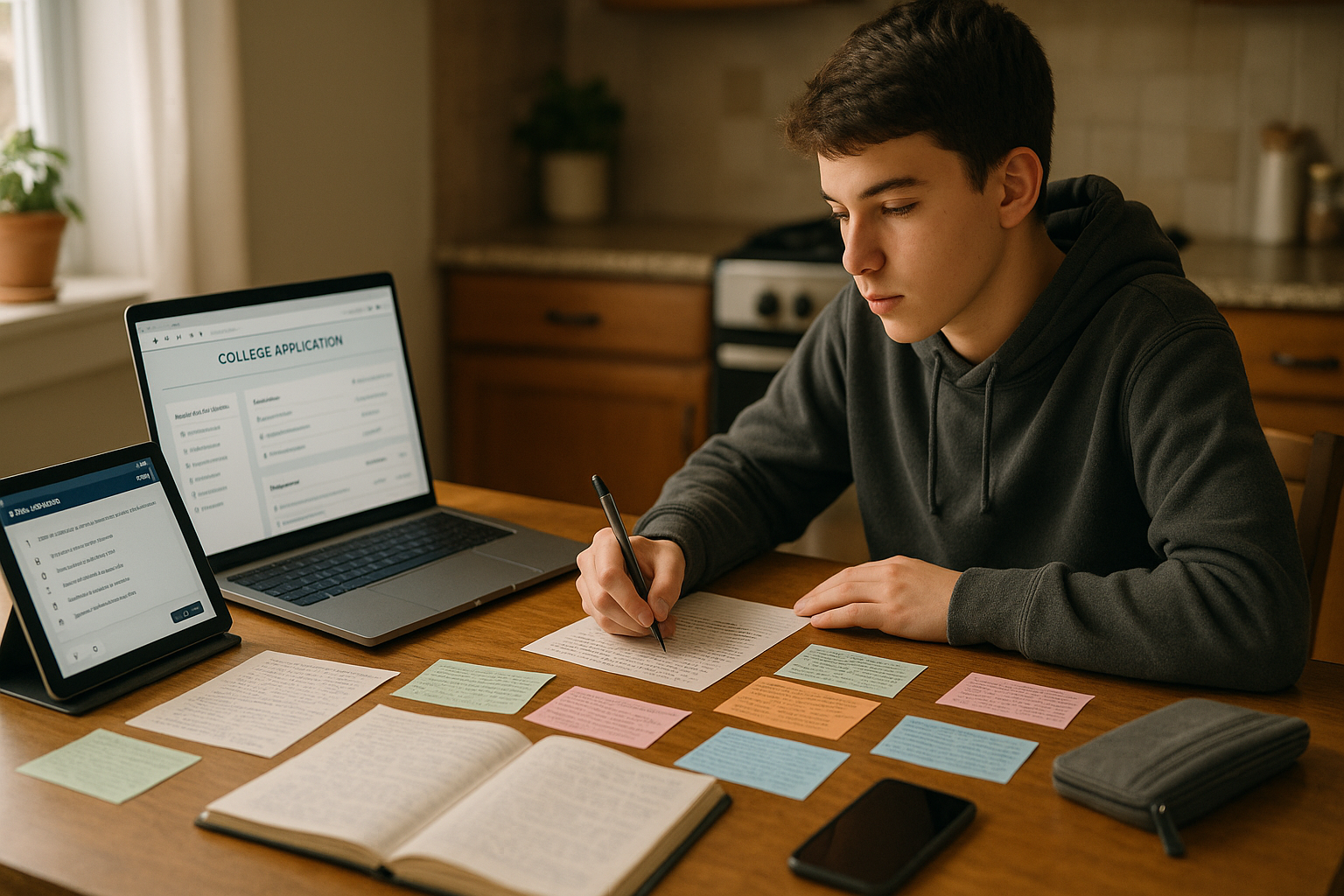 Photo Idea : A high school student at a kitchen table covered with notes, a laptop open to a college portal, and a tablet showing practice questions — daylight streaming through a window to suggest calm, organized preparation.
