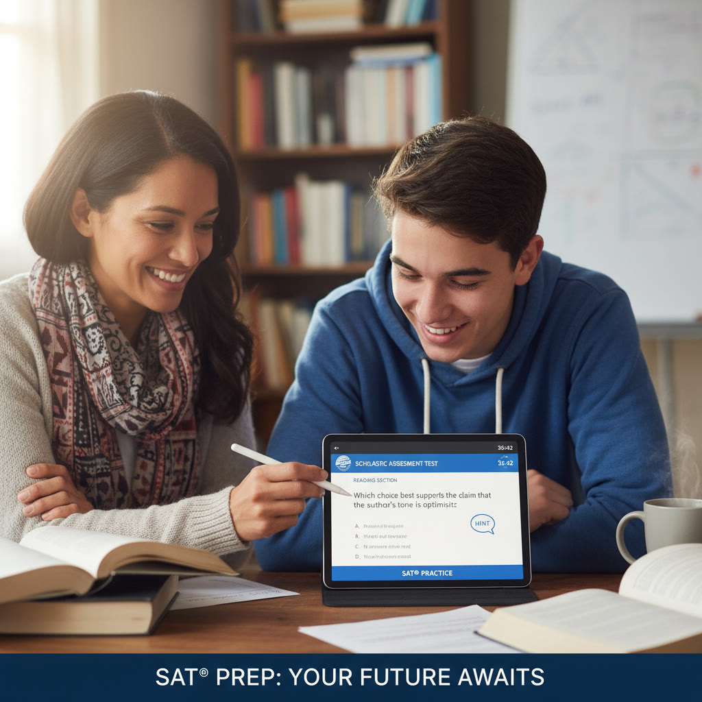 Photo Idea : A close-up of a tutor working one-on-one with a student over a tablet that displays digital SAT practice questions — conveys focused guidance and modern test prep.
