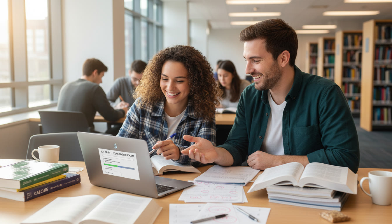 Photo Idea : A study session image: a student and a tutor (or advisor) at a table with notes, practice problems, and a laptop open to a placement test interface — this fits later in the article where the value of targeted prep and Sparkl’s personalized tutoring is discussed.
