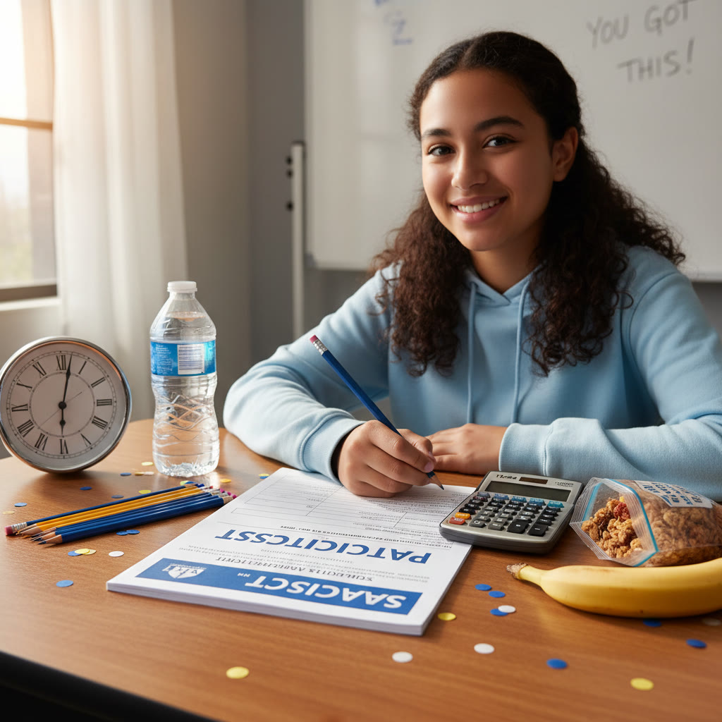 Photo idea: A student's desk arranged for a simulated SAT test—pencils, calculator, printed test booklet, visible analog clock, bottled water and a small snack on the side.