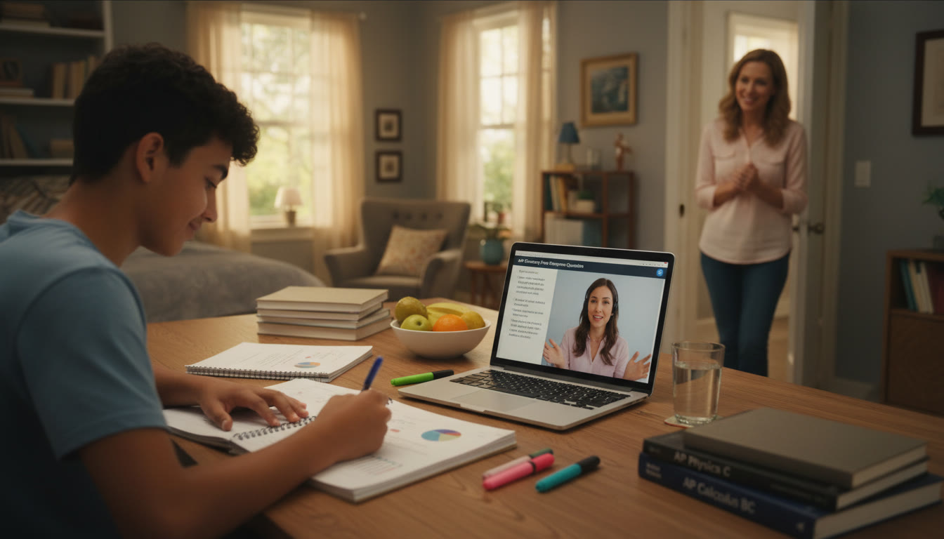 Photo Idea : A focused study scene in a library or bedroom where a teen is practicing AP free-response questions with a tutor on a laptop; materials are organized, and a parent checks in in the background—conveys collaboration and calm preparation.