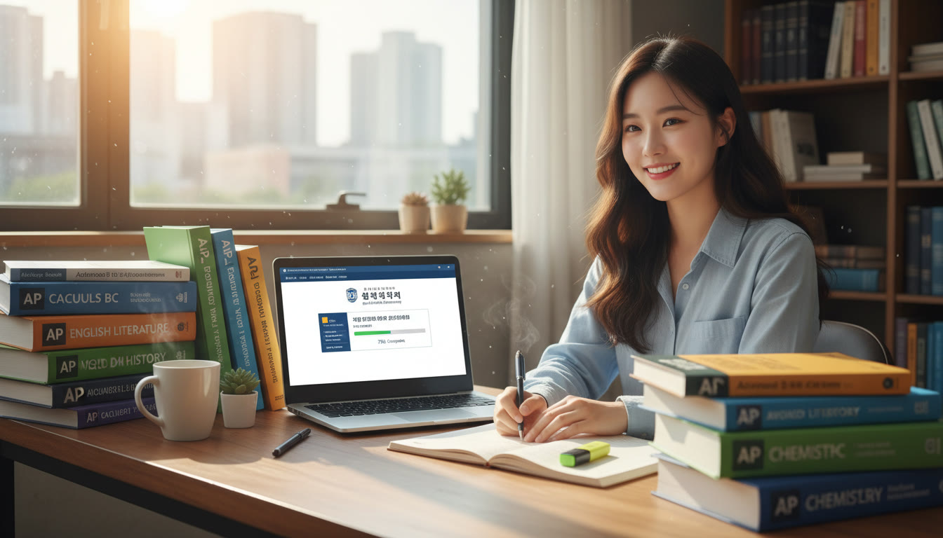 Photo Idea : A bright study scene with a student at a desk surrounded by AP textbooks and a laptop displaying an application portal for a Korean university — evokes focus and international ambition.