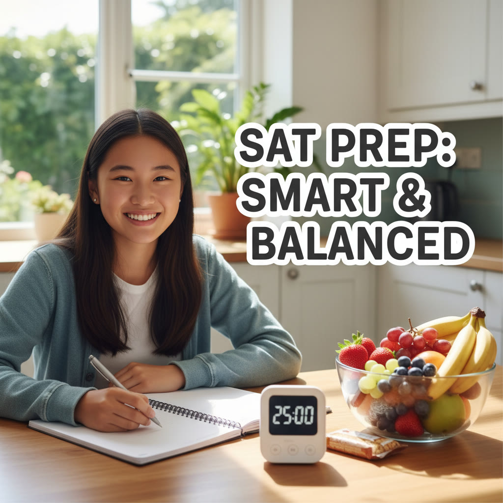 Young student at a kitchen table with a clean study planner, a timer, and a bowl of fruit — showing a balanced study setup and healthy snack.