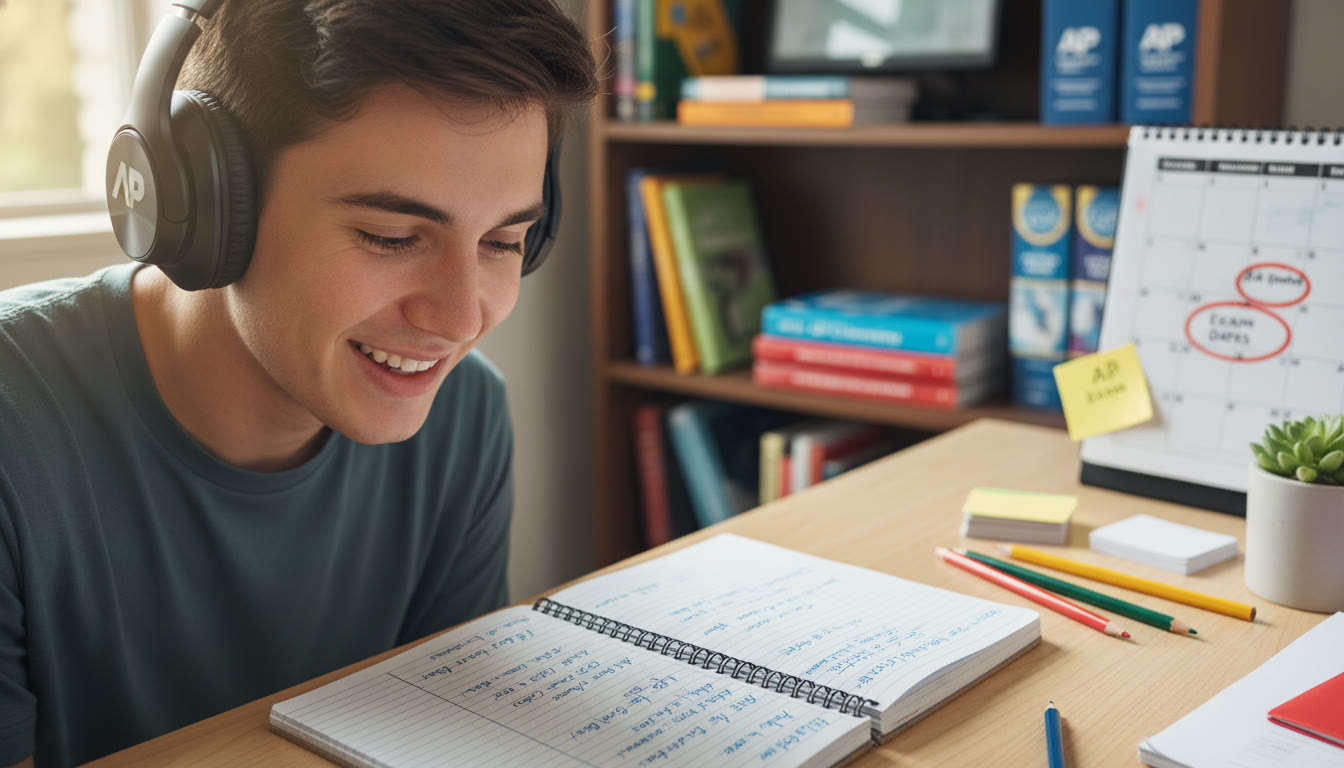 Photo Idea : A close-up of a student at a desk with headphones on, eyes focused, notebook open with a neat two-column note grid. Soft natural light, visible AP prep materials in the background to set context.