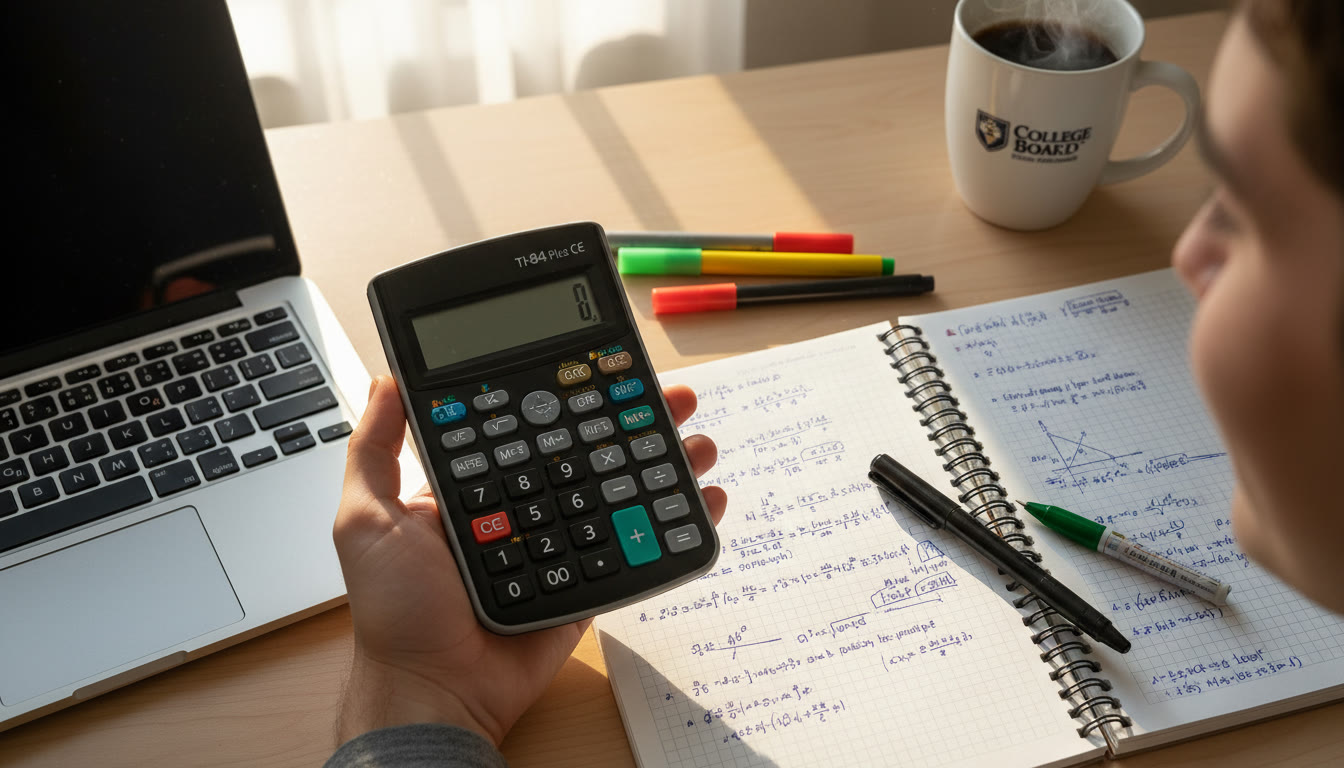 Photo Idea : A top-down photo of a studentโs hand holding a graphing calculator open next to neatly written notes and a laptop โ warm natural lighting, showing focus and calm preparation.